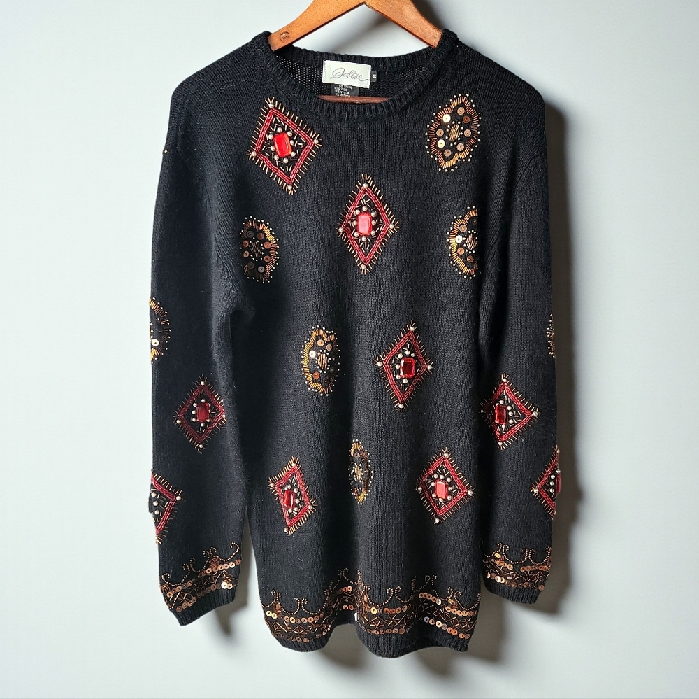 Vintage Destinee Silk Angora Blend Jeweled Sweater Womens M Black Embellished